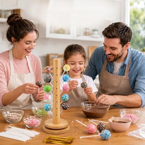 2Pack Wooden Cake Pop Stand Kit with 360° Spinning Base, 49Hole Lollipop Holder with Cake Ball Scoop, 100 Paper Sticks, 100 Clear Treat Bags and 100 Twist Ties, Easy Twist Assembly for Parties - Image 7