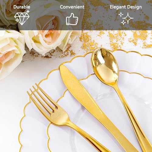 YOUBET 350PCS White and Gold Scalloped Plastic Plates for Wedding Party - Image 3