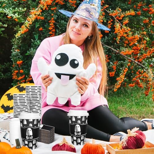 Whaline 50Pcs 16Oz Halloween Disposable Coffee Cups with Lids and Sleeves Spooky Foil Silver Ghost Boo Paper Drinking Cup for Trick or Treat Birthday Party Supplies - Image 6
