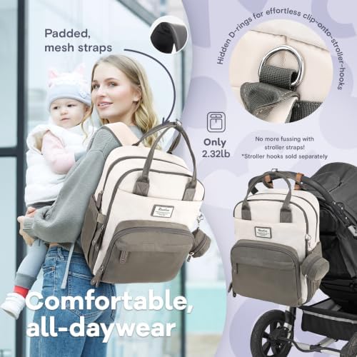 RUVALINO Diaper Bag Backpack-Multifunction Baby Travel Bag with Changing pad, Insulated Bottle Holders & Pacifier Case, Large Capacity, Waterproof, Cream & Taupe - Image 7
