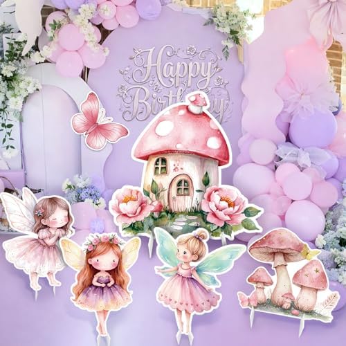 6 Pcs Fairy Wonderland Birthday Party Decoration Mushroom House Baby Shower Decoration Fairy First Birthday Cardboard Cutout Photo Props for Girls Women Party Supplies - Image 4