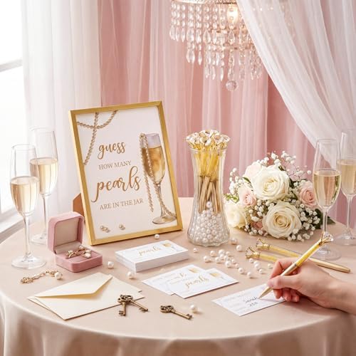 Chumia Guess How Many Pearls Set Bridal Shower Game Set Including 1 Game Sign 1 Glass Jar 12 Pens 100 Cards 640 Pearls Guess How Many Pearl in The Jar for Wedding Baby Shower Decorations for Party - Image 3