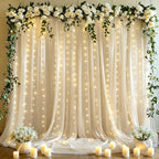 10x10ft Cream White Tulle Backdrop Curtains with Lights String for Parties,Wrinkle Free Sheer Curtain Wedding Photo Backdop Drapes for Baby Shower Birthday Party Photography Home Decorations by PartyTalk