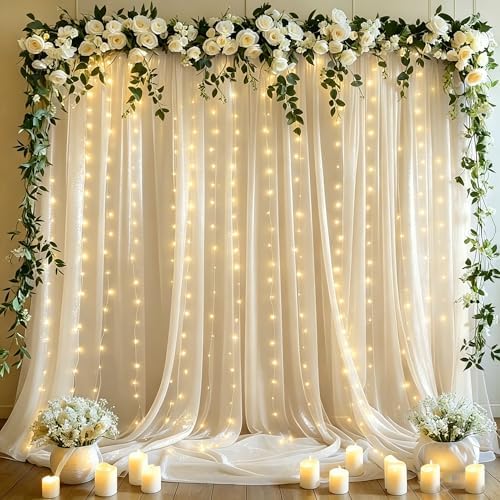 10x10ft Cream White Tulle Backdrop Curtains with Lights String for Parties,Wrinkle Free Sheer Curtain Wedding Photo Backdop Drapes for Baby Shower Birthday Party Photography Home Decorations by PartyTalk