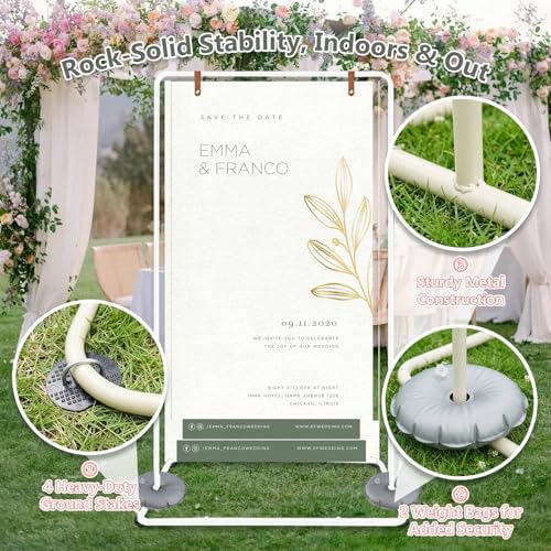 Meiqi Adjustable Wedding Welcome Sign Stand with 4 Leather Hanging Straps, Ground Stakes & Weight Bag - Large Easel for Wedding Signs, Posters, Banners - Perfect for Outdoor Events, Baby Showers (White) - Image 5