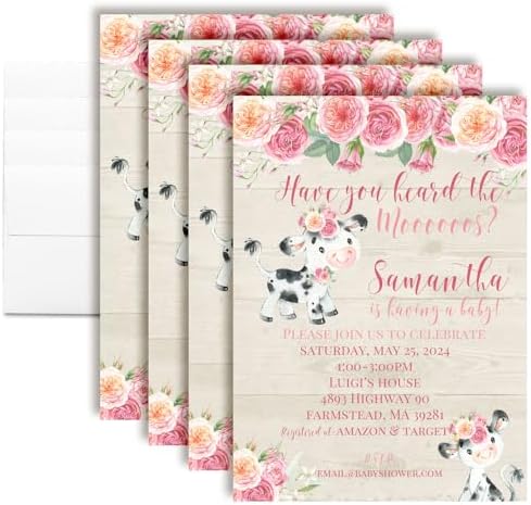Amanda Creation Custom Baby Shower Invites Pink Cow Baby Shower Invitation 50 Pack 5x7 Custom Personalized Invites With Fifty White Envelopes by AmandaCreation