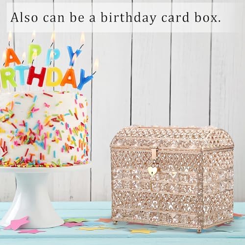 ELLDOO Crystal Wedding Card Box with Heart Lock, Vintage Money Card Box Treasure Chest Style Gold Gift for Wedding Receptions, Centerpiece Decor, Anniversary Keepsake, Gift, Small Size - Image 4