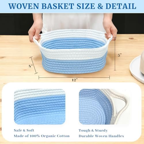 8 Pack Small Woven Baskets with Gift Bags & Ribbons & Cards, Cotton Rope Durable Storage with Handles 12"x8"x5" Empty Gift Baskets for Mother's Day, Baby Showers, Birthdays & Raffle (Blue) - Image 5