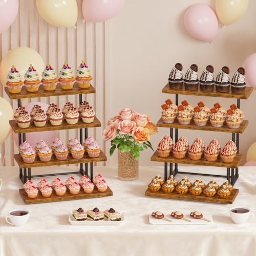 Emfogo Wooden Cupcake Display Stand, 4 Tier Rectangular Tiered Dessert Stands, Dessert Table Display Set for Vendor Booth Party Large Cup Cake Tower for Cup Cake Cookie Food (2 Pack) - Image 5