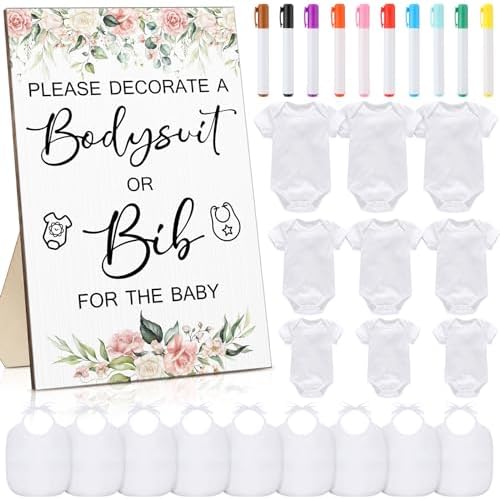 Roowest 35 Pcs Baby Shower Bibs Game with Bib Bodysuit Marker, Flower by Roowest