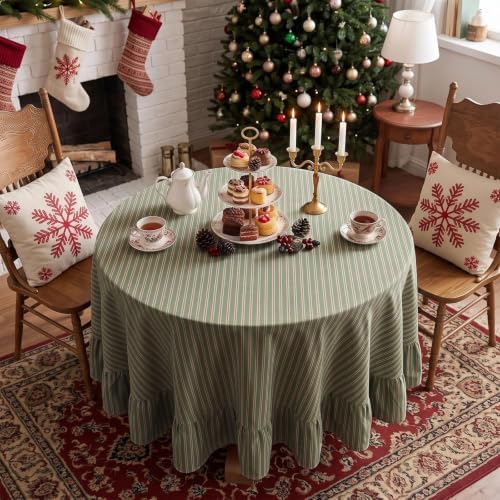 Eternal Beauty Christmas Green Striped Ruffled Round Tablecloth 60 Inches - Image 5