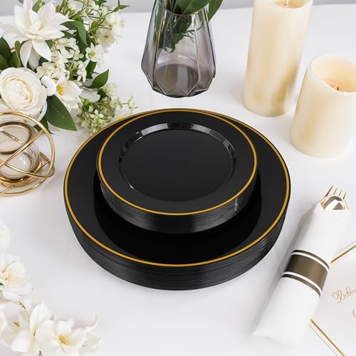 SUT 350 Pcs Black and Gold Plastic Dinnerware Set for 50 Guests, Include: 50 Dinner Plates, 50 Dessert Plates, 50 Pre Rolled Napkins With Silverware, 50 Cups, Disposable Plates for Party - Image 3