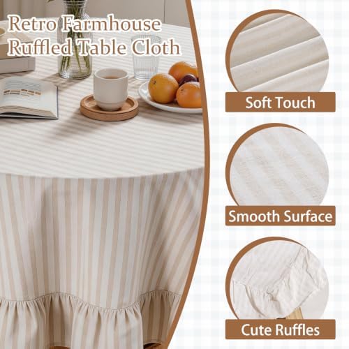 Beige White Striped Ruffle Tablecloth 70" Round Farmhouse Flounces Trim Table Cover for Seat 4-6 for Picnic Dining Kitchen Party Wedding Decor - Image 5