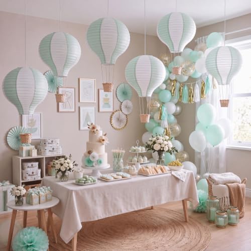 Meooeck 6 Pcs Hanging Hot Air Balloon Decorations Paper Lanterns 12 Inch Reusable Hot Air Balloon Decor Paper Lanterns Set for DIY Craft Wedding Birthday Christmas Home Living Room (Sage Green White) - Image 4
