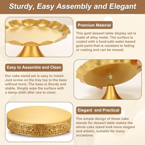 Audab Gold Dessert Table Display Set, Including Cake Stand, Cupcake Stand, Serving trays, Platters, Cake Cutting Set and Serving Tongs for Vintage Wedding Decor, Party Food Decorations - Image 4