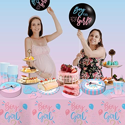 Gender Reveal Decorations, Baby Shower Party Supplies 124 Pieces Paper Plates, Cups, Napkins, Tablecloths, Black Balloon, Banner, Tableware Set Disposable Dinneware - Image 6