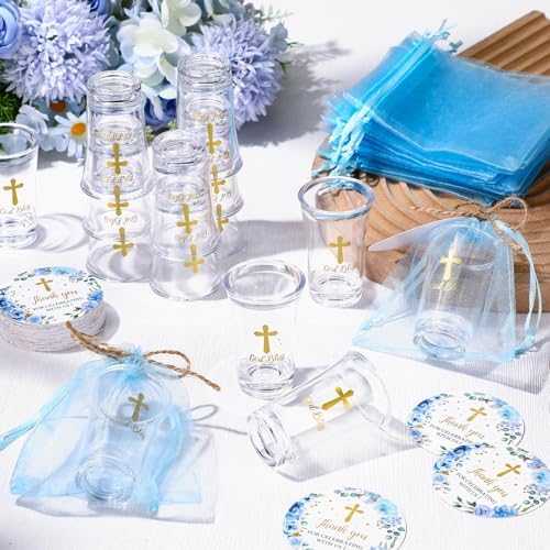 Funnymoom 50 Sets God Bless Shot Glasses Religious Party Favors for Guests Souvenir Baptism Cross Blue Floral Thank You Tags with Organza Bags Twine for Christening Celebration Baby Shower - Image 6