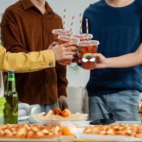 Whaline 50 Pcs 12 Oz Pastel Rainbow Disposable Plastic Cups with Lids and Straws Colorful Cold Beverage Drinking Cups for Birthday Baby Shower Party Supplies - Image 6