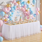 14FT Long White Tulle Table Skirt for Rectangle Round Tables 3-Layer Ruffle Desk Teacher Skirt for Back to School Supplies Princess Girls Birthday Party Cake Dessert Classroom Dorm Decor by Partisky