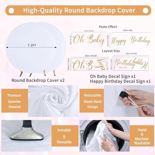 Gallety 2 Pcs 7.2 FT White Round Backdrop Cover for 5 to 7.2ft Circle Arch Stand with Oh Baby and Happy Birthday Decal Sign - Arch Backdrop Cover for Wedding Party Photography Decoration - Image 2
