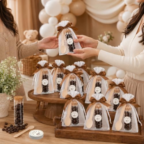 JarThenaAMCS 36 Sets Coffee Baby Shower Favors for Guests Wooden Spoons Mini Coffee Glass Jars Thank You Stickers Brown Ribbon and Bags for Gender Reveal Party Souvenirs - Image 7