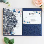 Hosmsua 50PCS Navy Blue Laser Cut Wedding Invitation Pocket, 5.12 x 7.2 Flora Invitation Pockets with Envelopes for Wedding Bridal Shower Sweet 16 Invite (No Inner Sheet) - Image 4