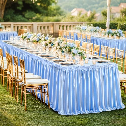 Wish Care 17ft Baby Blue Satin Long Table Skirt for Rectangle Tables Wrinkle Free Teacher Desk Skirt Glitter Ruffle Table Skirting Cloth for Back to School Classroom Office Birthday Party Table Decor - Image 6