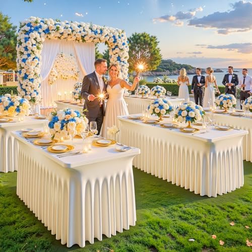 4 Pack Champagne Spandex Tablecloth for 6FT Rectangle Tables, Fitted Stretch Table Cover with Skirt, Wrinkle Free Washable Elastic Table Cloth for 6 Foot Folding Table, Wedding Banquet Baby Shower - Image 3