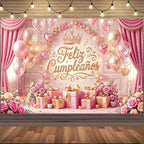 Feliz Cumpleaños Backdrop Pink Gold Balloon Crown Rose Gift Curtain Photo Background Banner for Women Girls Birthday Party Photoshoot 10X8ft - Image 2