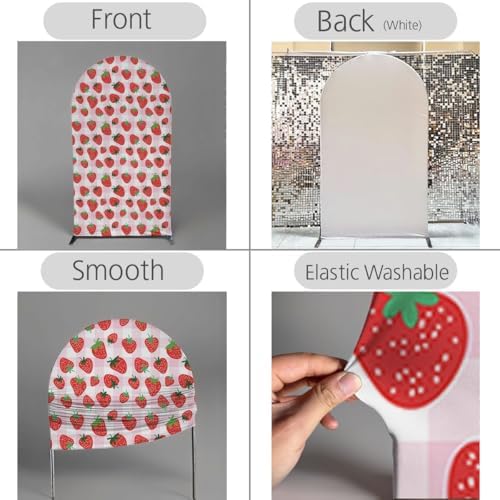 Pink Strawberry Stretchy Arch Cover Backdrop Photo Booth Background Birthday Baby Shower Baptism Party Decoration Curved Top Frame Spandex (GX-2667,7.2x4ft) - Image 3