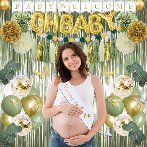 Guudmua 217 Pcs Sage Green Baby Shower Decorations, Neutral Baby Shower Decor Supplies- Disposable Dinnerware Set With Eucalyptus Leaf (25 Guest), "OH BABY" Banner, Balloon, Sash, Cake Topper - Image 4