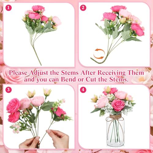 Zeyune 6 Sets Mason Jar Table Centerpiece with Artificial Peony Baby's Breath Flower Centerpieces Faux Flowers with Rope for Wedding Reception Engagement Bridal Shower Rustic Table Decor(Pink) - Image 2