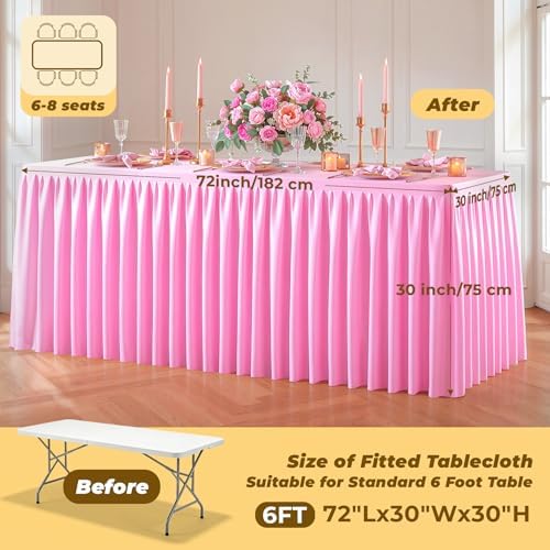 Pink Polyester Table Cloths for Rectangle 6 Foot Tables, 6 Pack Wrinkle Free Tablecloths Stretchy Banquet Ruffle Fitted Table Cover Desk Skirt for Parties Wedding Birthday Baby Shower - Image 5