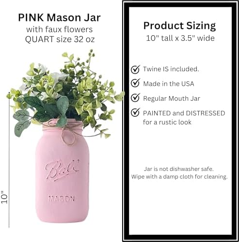 Pink Baby Shower Decorations | Set of 5 Table Centerpieces | Quart 32 oz Painted Mason Jars | Girl Baby Shower Centerpiece Table Decorations | Baby in Bloom | Love in Bloom (5 Pink w/Greenery/Ivory) - Image 2