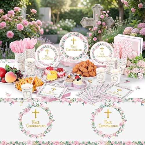 Ceenna 452 Pcs First Communion Party Decoration Girl for 50, Pink Baptism Paper Plate Napkin Cup Tablecloth Cutlery Straw God Bless Disposable Tableware for Christening Religious Baby Shower Supplies - Image 5