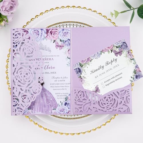 50PCS Purple Blank Wedding Invitations Shower Birthday Quince Party Invites by AdasBridal