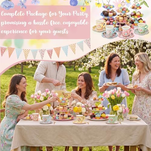 Nuogo 244pcs/40set Disposable Tea Party Supplies Vintage Floral Paper Tea Plates Cups Napkin 3 Tier Cake Stand Bunting Banner and Disposable Tableware for Birthday Baby Shower Bridal Wedding, Serve 40 - Image 6