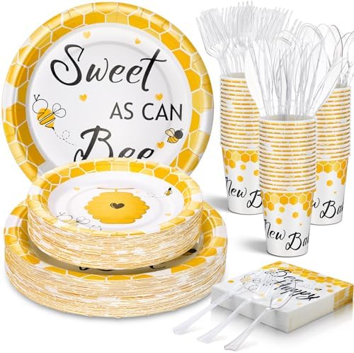 FillTouch 350 Pcs Bee Party Tableware for 50 Guests Baby Shower Bee Paper Plates Disposable Napkins Cups Plastic Knives Fork Spoon for Birthday Wedding by FillTouch