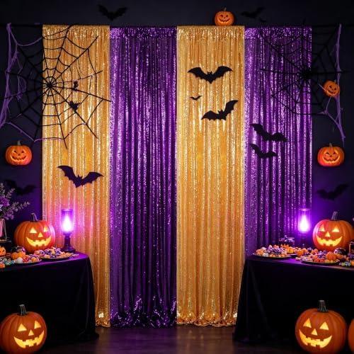 ShinyBeauty Sequin Backdrop Curtains 4 Panels 8ft Gold Purple by ShinyBeauty