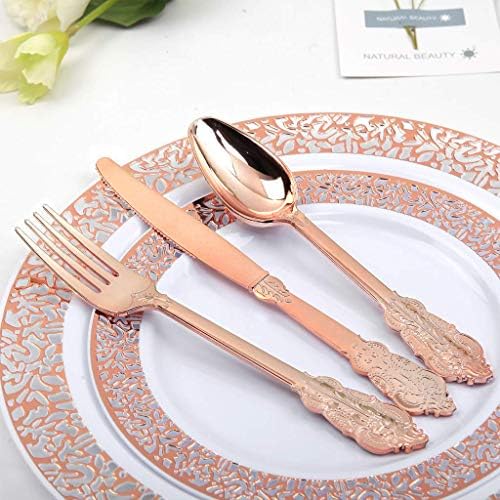 WDF-300 Pieces Rose Gold Plastic Silverware- Disposable Flatware -Heavyweight Plastic Cutlery- Includes 100 Forks, 100 Spoons, 100 Knives for Wedding/Parties/Birthday - Image 2