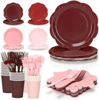 Pink and Burgundy Plates and Napkins Party Supplies, 9’’ Gradient Maroon Disposable Paper Plates and Cups and Napkins Set for Baby Shower, Birthday, Wedding Party Decorations Serves 48 by CENLBJ
