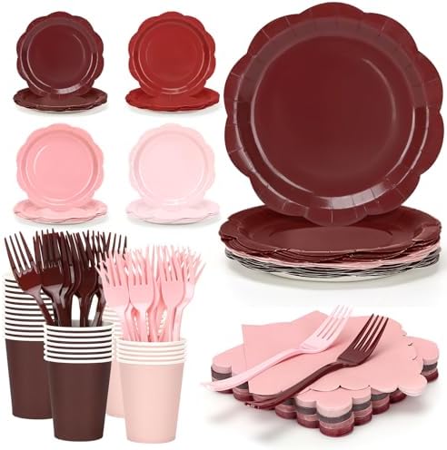 Pink and Burgundy Plates and Napkins Party Supplies, 9’’ Gradient Maroon Disposable Paper Plates and Cups and Napkins Set for Baby Shower, Birthday, Wedding Party Decorations Serves 48 by CENLBJ