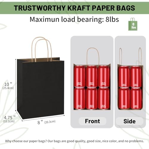 Mlyta 100 Pack 8x4.75x10 Inch Medium Black Kraft Paper Gift Bags with Handles Bulk for Goodie Party Favor Brithday Grocery Shopping Business Wedding Retail Craft Treat To Go Return, Merchandise Sacks - Image 3