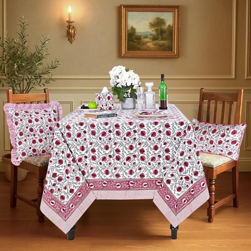 Ridhi -Sangria Red Cotton Tablecloth, Handblock Print Floral Table Cloth for Kitchen Dining Linen I Thanksgiving, Christmas, Wedding, Fall Décor 4 Seater 60x60 Inches Square - Image 2