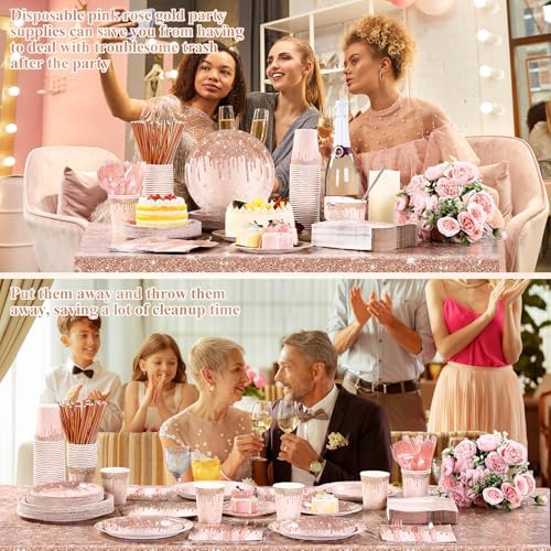 Funnymoom 452 Pcs Rose Gold Party Supplies Birthday Decorations Include Glitter Rose Gold Paper Plates and Napkins Cups Tablecloth Cutlery Straws Disposable Tableware Set for Women Birthday - Image 4