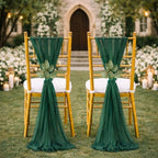 QueenDream Emerald Green Chair Sashes Wedding: 50 Pieces Long Sheer Wedding Aisle Chair Decorations Tulle Chairs Covers with Artificial Eucalyptus - Image 2