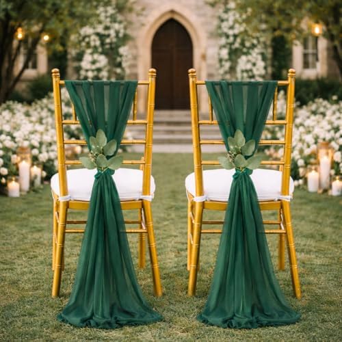 QueenDream Emerald Green Chair Sashes Wedding: 50 Pieces Long Sheer Wedding Aisle Chair Decorations Tulle Chairs Covers with Artificial Eucalyptus - Image 2