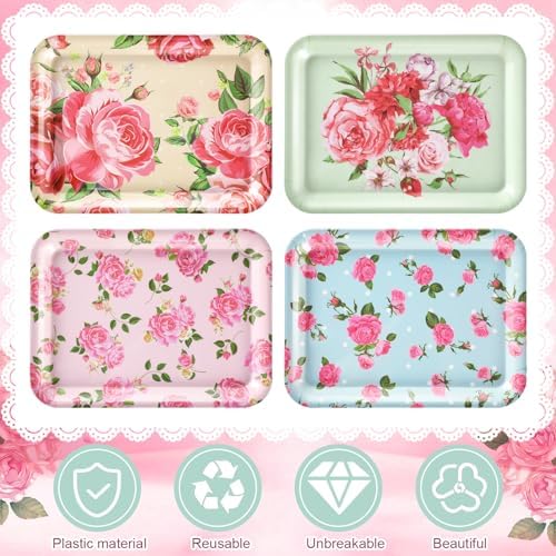4 Pieces Flowers Serving Trays Melamine Platters - Image 3