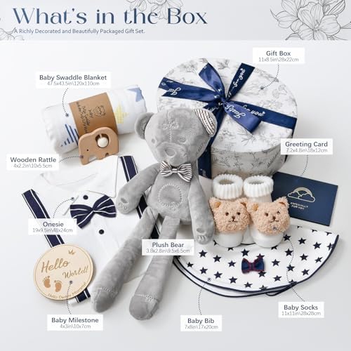 TUZT Baby Shower Gifts for Boys, 9PCS Baby Boy Gifts Baskets with Plush Bear/Blanket/Onesie/Wooden Rattle, Newborn Essential Stuff, Gender Reveal Ideas Infant Newborn Baby Gift Basket - Image 3