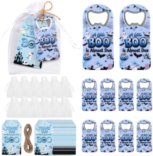 24 Sets Halloween Bottle Openers Baby Shower Party Favors, Blue Black Bottle Opener Keychain Set with Thank You Tags Organza Bags for A Little Boo Is Almost Due Party Guest Gifts Decor by CORNERLACE